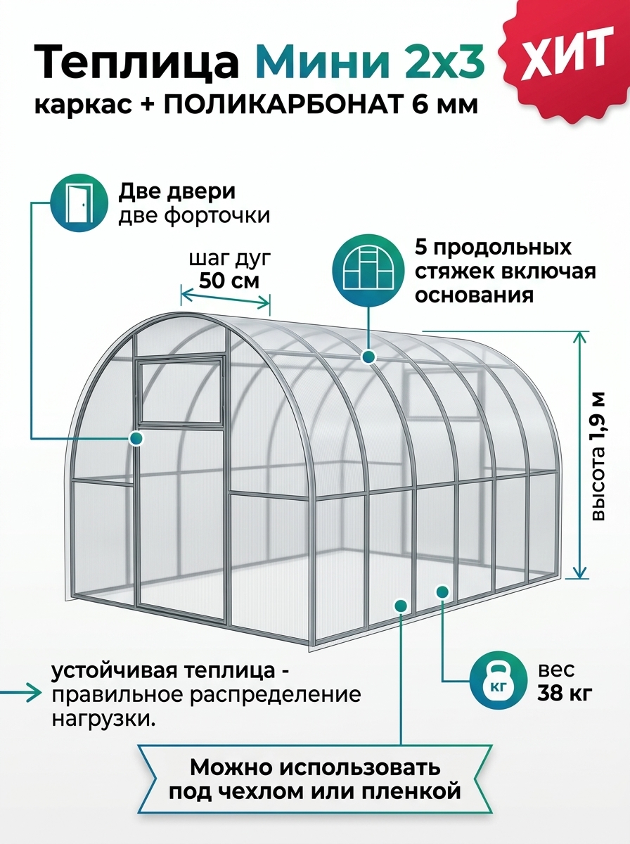 Теплица 2x3 оцинкованная с поликарбонатом 6 мм